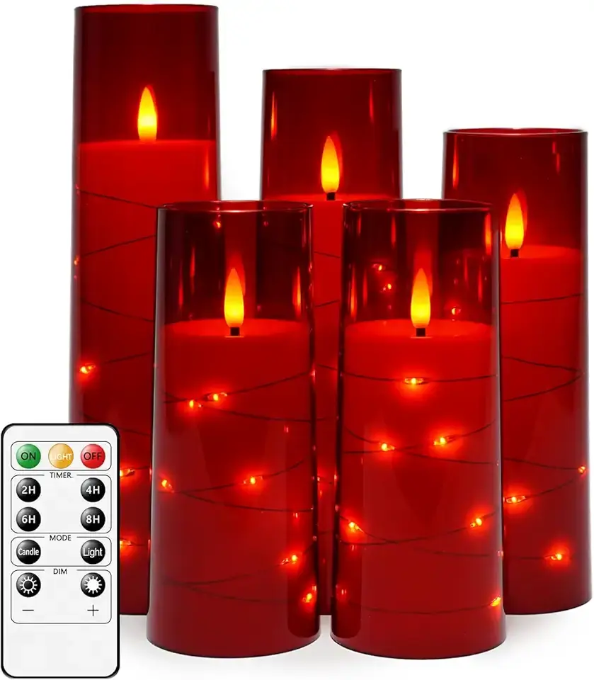 Flameless LED Candles with Timer 5 Pc Flickering Flameless Candles for Romantic Ambiance and Home Decoration Stable Acrylic Shell,with Embedded Star String,Battery Operated Candles(Red)