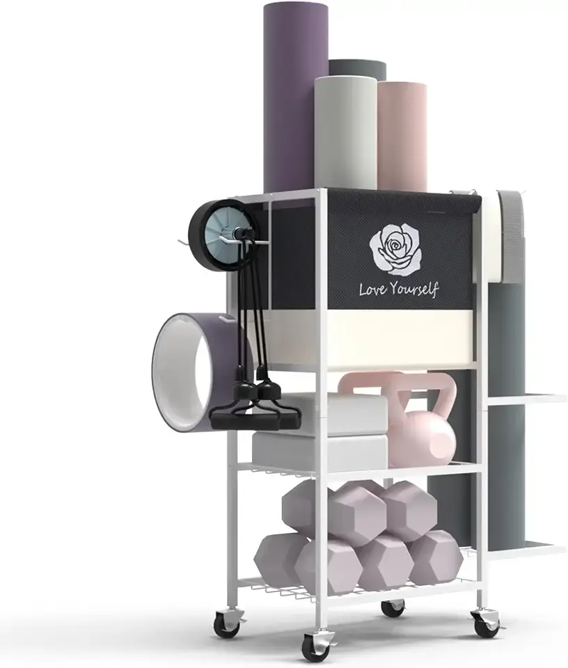 Yoga Mat Storage Rack,Home Gym Storage Rack Gym Workout Equipment Storage Organizer Fitness Weight Rack on Wheels for Yoga Mat,Yoga Block,Foam Roller,Resistance Band,Dumbbell,Kettlebell and Other Workout Accessories