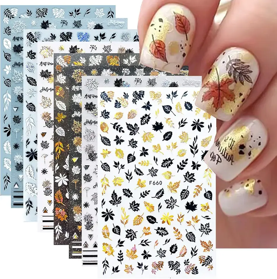 8 Sheets Fall Leaves Nail Art Stickers Gold Maple Leaf Self-Adhesive Nail Decals 3D Stickers Foil Autumn Maple Nail Designs Laser Shiny Manicure Tip Fall Nail Decorations for Thanksgiving Day Supplies