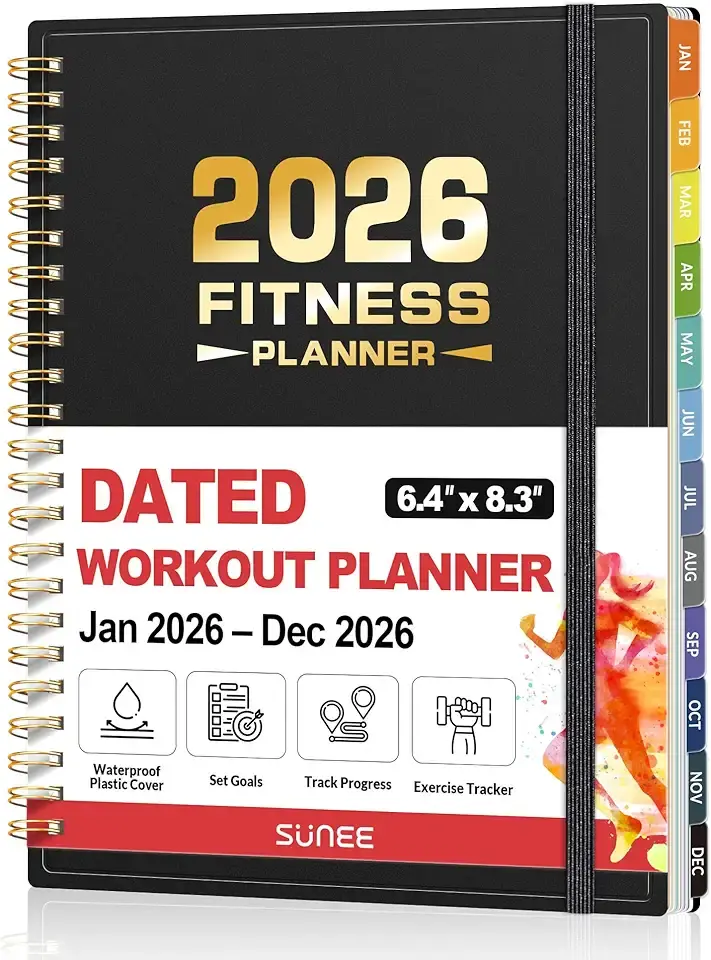 2026 Fitness Workout Journal Planner for Women & Men, JAN 2026 - DEC 2026 Exercise Planner, 6.4" x 8.3" Workout Calendar Journal Essentials Gift for Goals, Tracking, Gifts with PVC Plastic Cover,Black