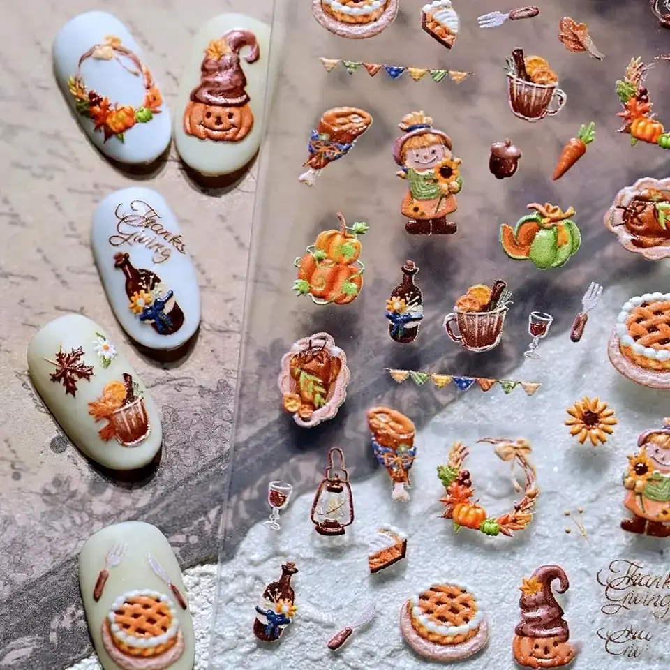 Thanksgiving Day Nail Stickers 5D Embossed Pumpkin Lanterns Nail Art Stickers 3D Self Adhesive Wine Bottles Nail Decals Fall Autumn Cute Girl Nail Design Garland Nail Art Supplies for Women 1 Sheet