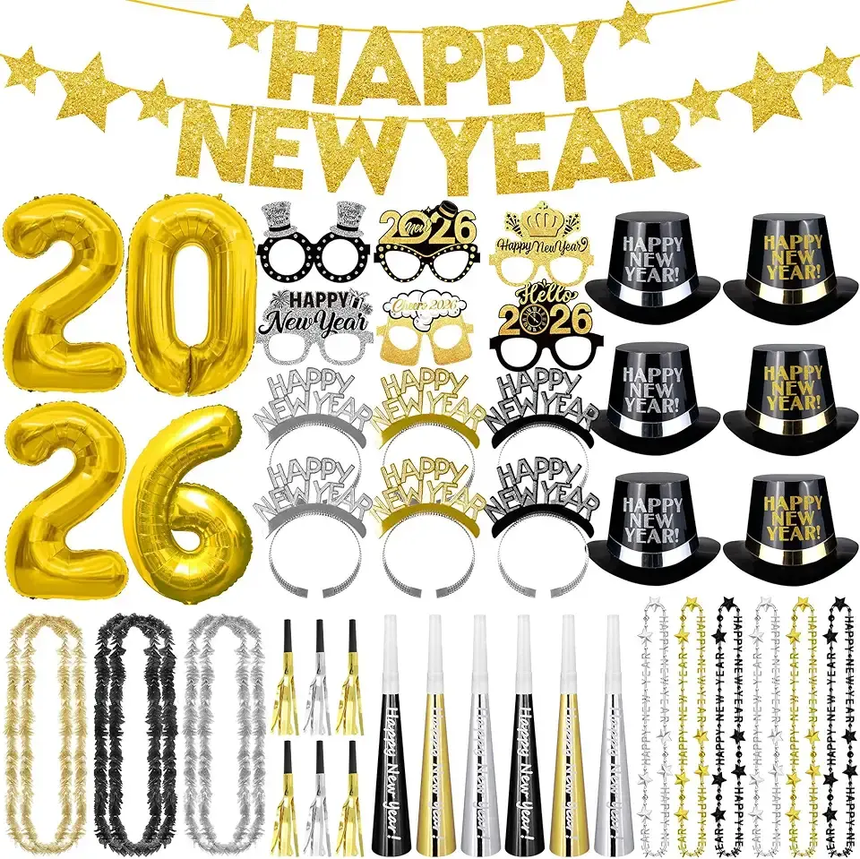 New Years Eve Party Supplies 2026, New Years Decorations, Party Favors Including Ballons, Banner, Top Hats, Headband Tiaras, Horns, Squawkers, Glasses, Leis Necklaces